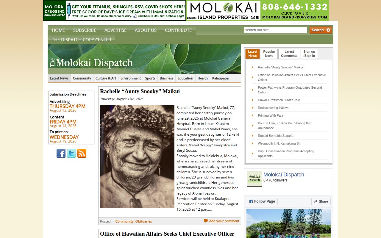 The Molokai Dispatch local-news page used for Kalaupapa and Kalawao arrest-news research