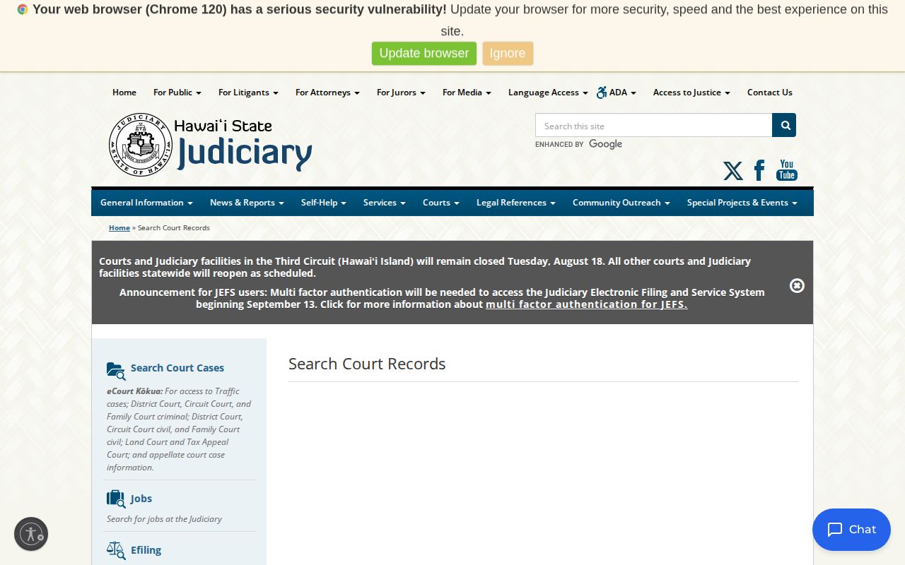 Hawaii eCourt records path for Kalawao County case and disposition research