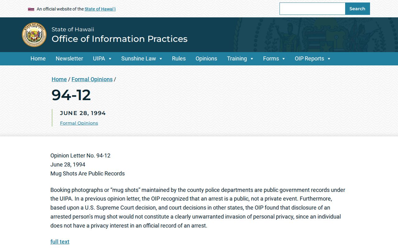 Hawaii OIP mugshot public-record guidance for Kalawao County news and photo research