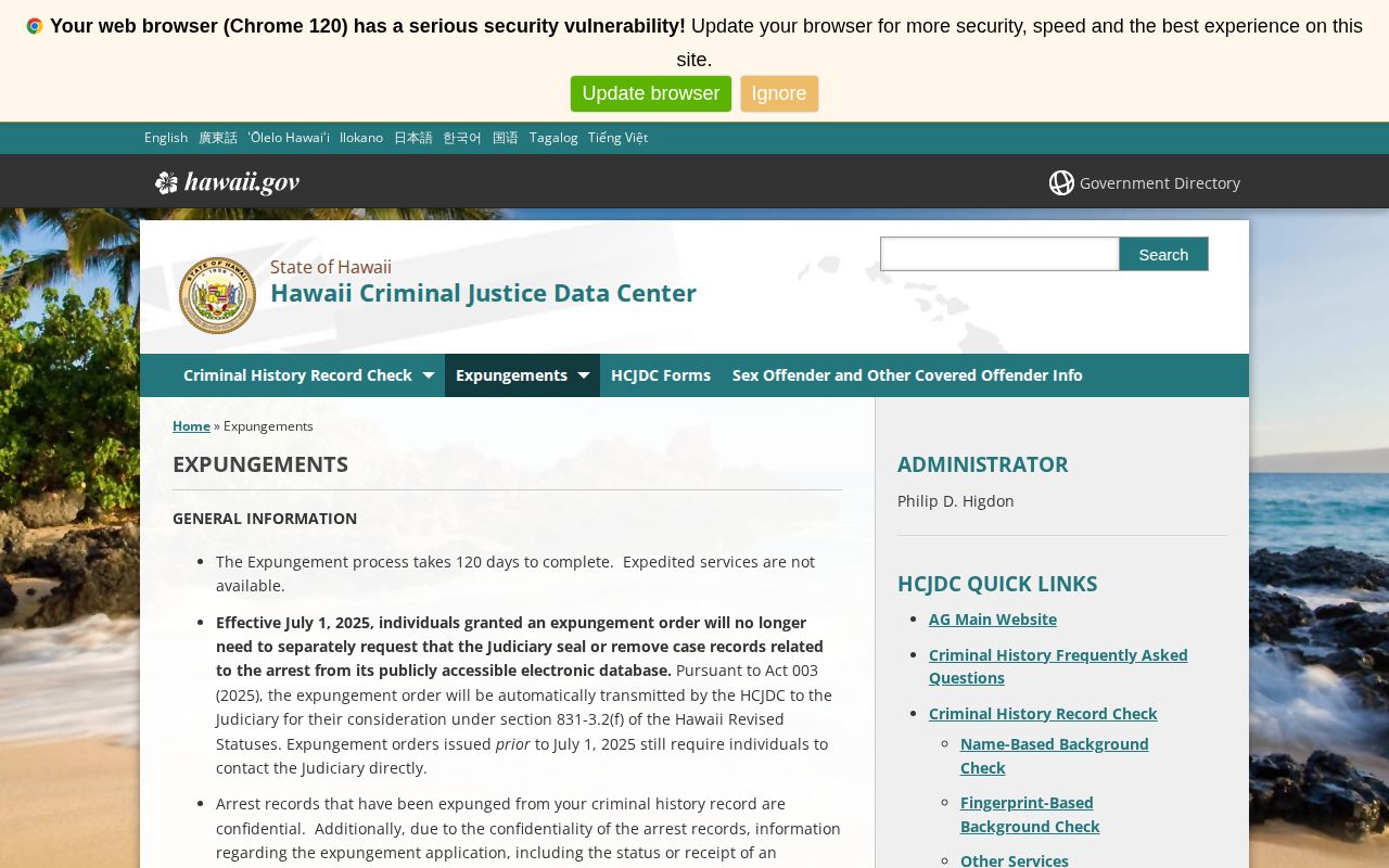 Hawaii Criminal Justice Data Center expungement route for Kalawao County arrest records