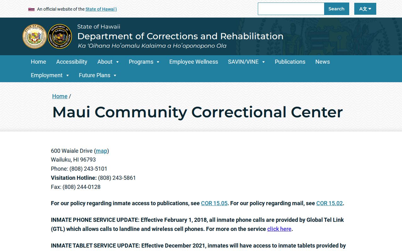 Maui Community Correctional Center state custody facility context for Kalawao County