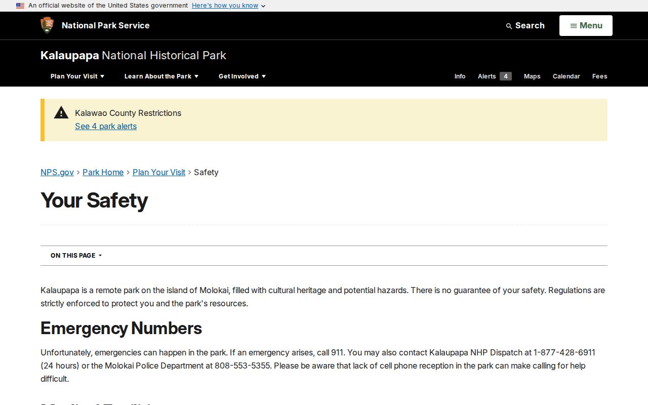National Park Service Kalaupapa safety and agency contact context for Kalawao County records