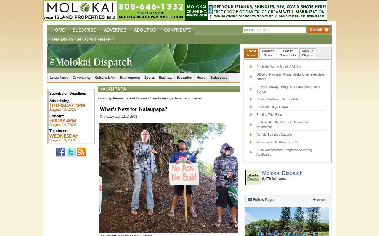 The Molokai Dispatch Kalaupapa news category for Kalawao County arrest-news context