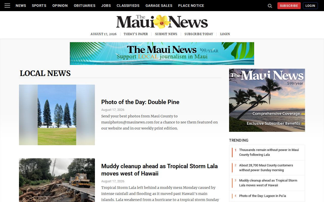 The Maui News regional local-news source for Kalawao County arrest-story research
