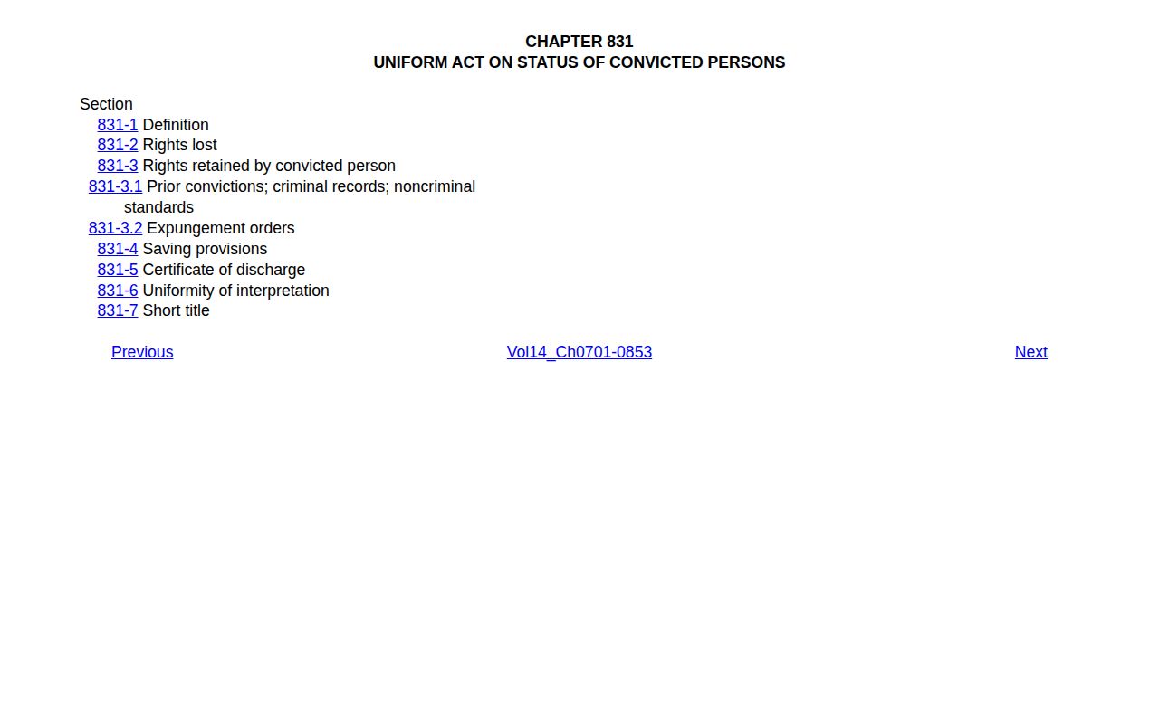 Hawaii Chapter 831 expungement statute index for Kalawao County record research