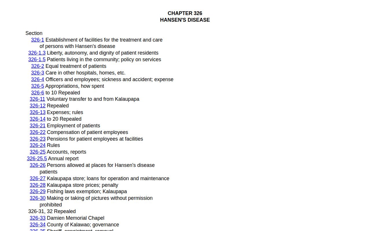 Hawaii HRS Chapter 326 statutory context for the Kalawao County anchor