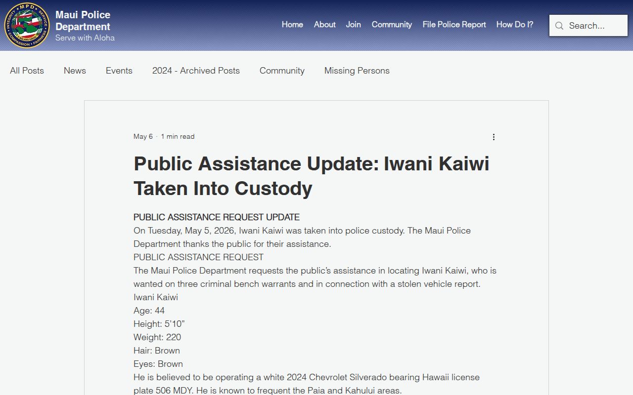 Maui Police public-assistance post used as official wanted-list context for Kalawao County