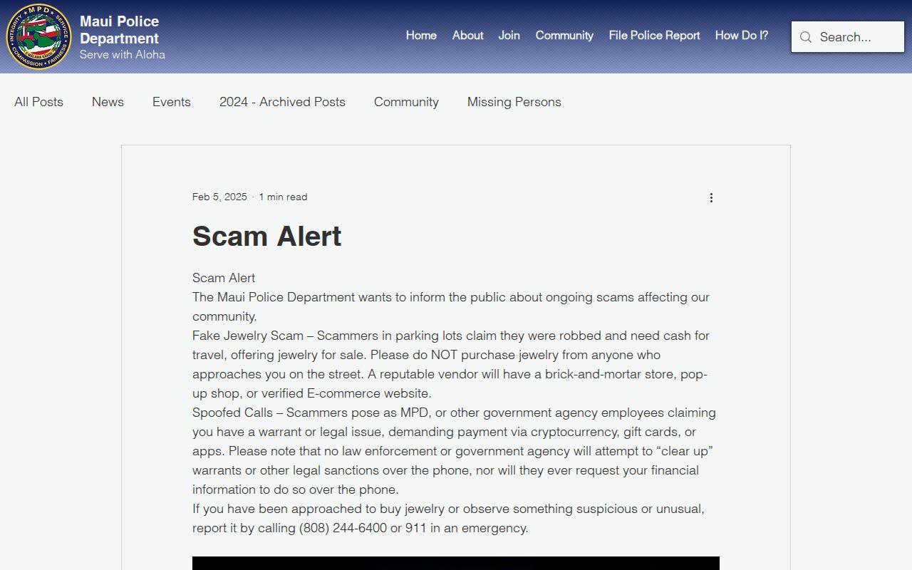 Maui Police warrant-payment scam warning for Kalawao County warrant research